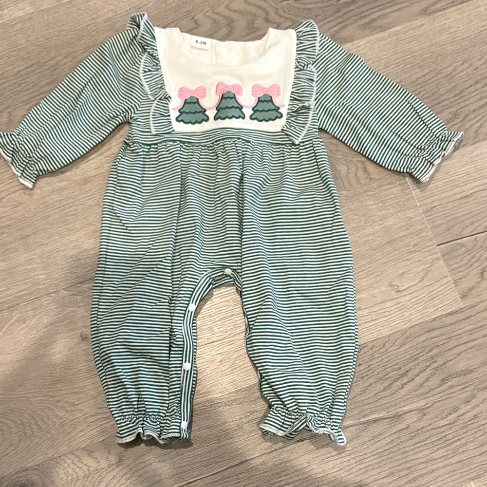 Striped Baby Romper with Christmas Tree Details